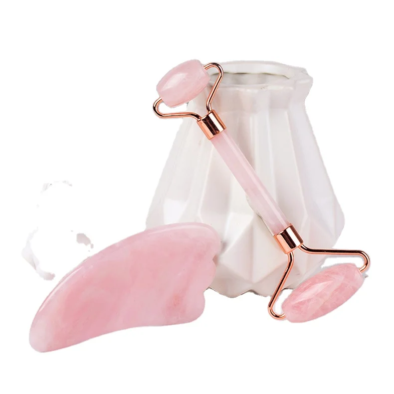 

100% High Quality Rose Quartz Jade Roller Gua Sha Set for facial Massage Anti-Aging, Pink