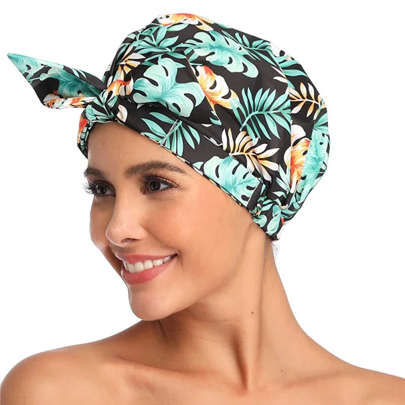 

Adjustable bonnet women waterproof head polyester hair sleep knotted wraps turban shower cap luxury with bow, Custom color