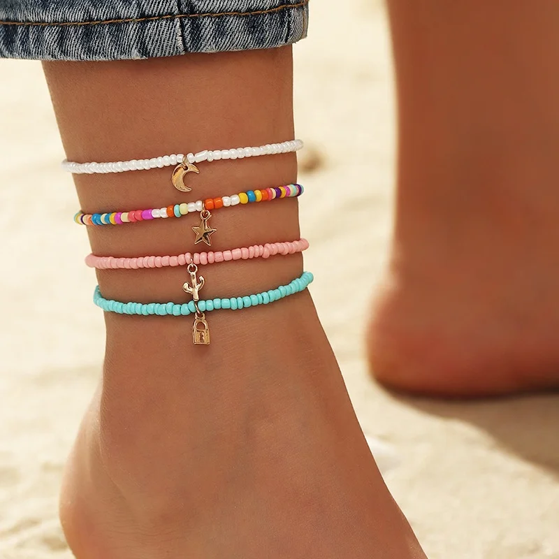 

4 Pcs/Sets Beads Anklets Cute Star Moon Lock Cactus Pendant Seed Anklet, Multi