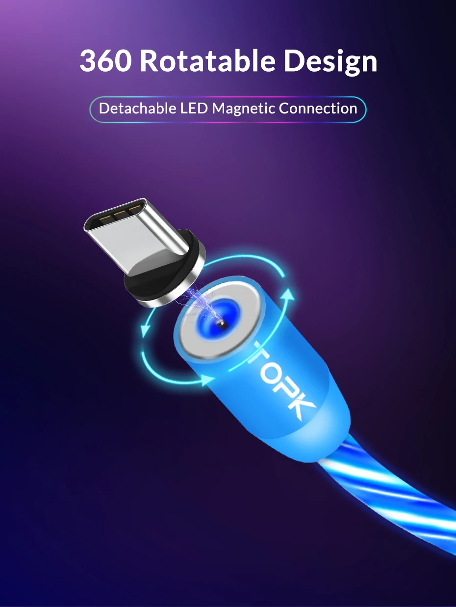 TOPK AM67 1M 3 In 1 Luminous LED Flowing Magnetic Phone Charging Cable For IOS Android Type C - ANKUX.COM