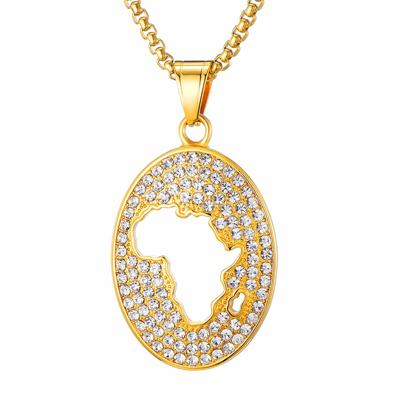 

314l Stainless Steel Gold Filled Oval Shape Hollow African Map Pendant Necklace Crystal Africa Map Necklace