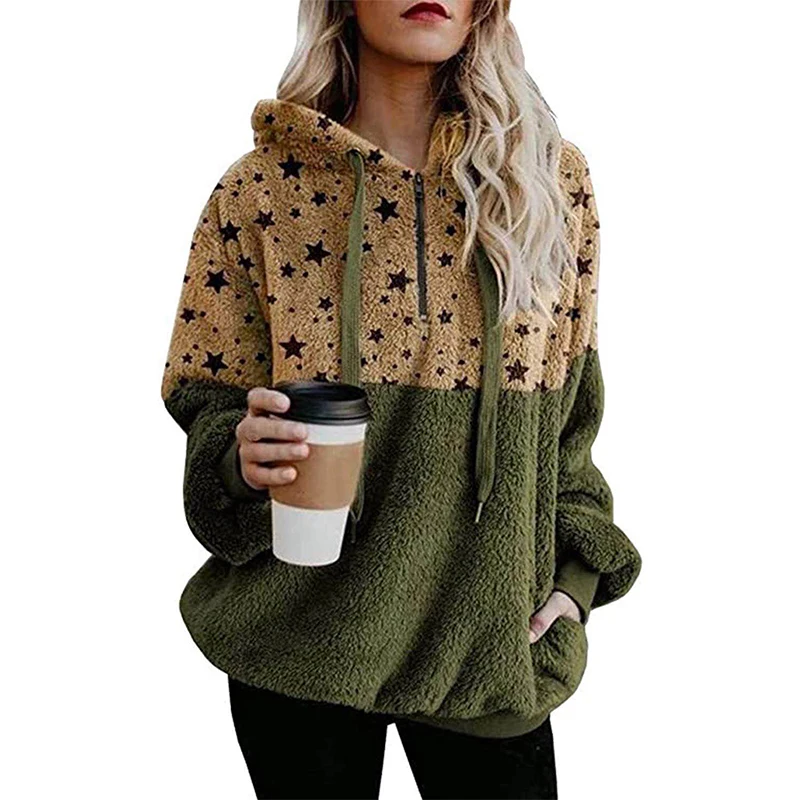 

Women's Patchwork Loose Pullover Star Hooded Long Sleeve Casual Plush Hoodie, As show