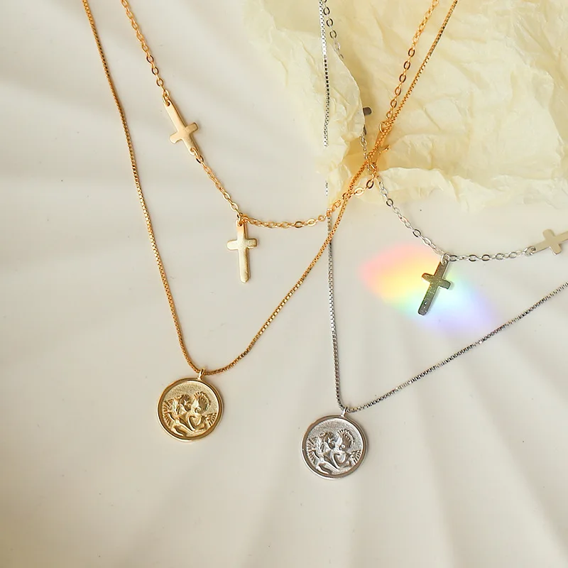 

New Arrival Korean 925 Silver Engraved Angel Coin Necklace Sterling Silver Double Layer Cross Pendant Necklace