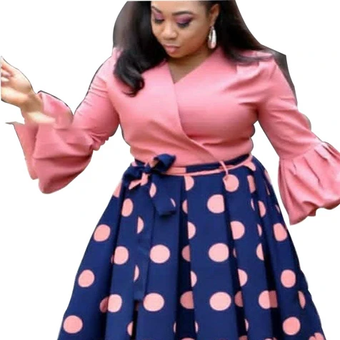 

Factory Hot Selling Plus Size Spring Clothing V-neck Color Matching Pleated Women Dresses, Blue,red,black,pink