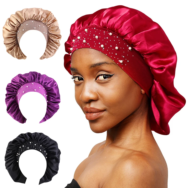 

Fashionable Women Wide Band Pearl Plain Bonnets Pink Satin Sleeping Hair Bonnet Caps Night