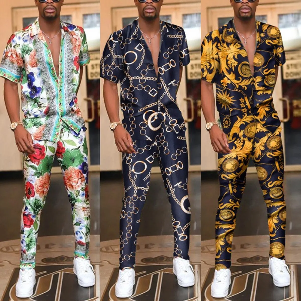 

summer clothing sets men two piece set printed shirt pants plus size men's sets