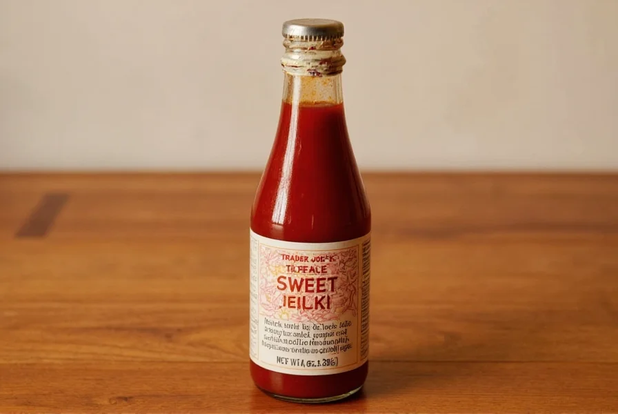 Trader Joe's Sweet Chili Sauce bottle on wooden table with ingredients visible