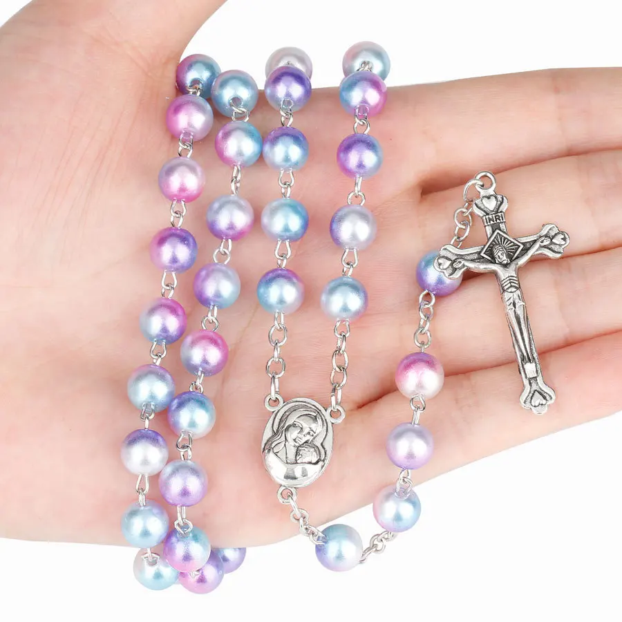 

New Starry Sky Color Rosary 8mm Round Pearl Beads Catholic Rosary with Jesus cross pendant, Multiple color selection