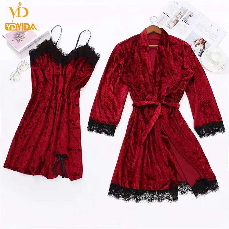 

Casual Deep V Lace Sling Nightwear Two Pieces Sleepwear Home Wear Velvet Sexy Women's Pajamas Set, 5 colors