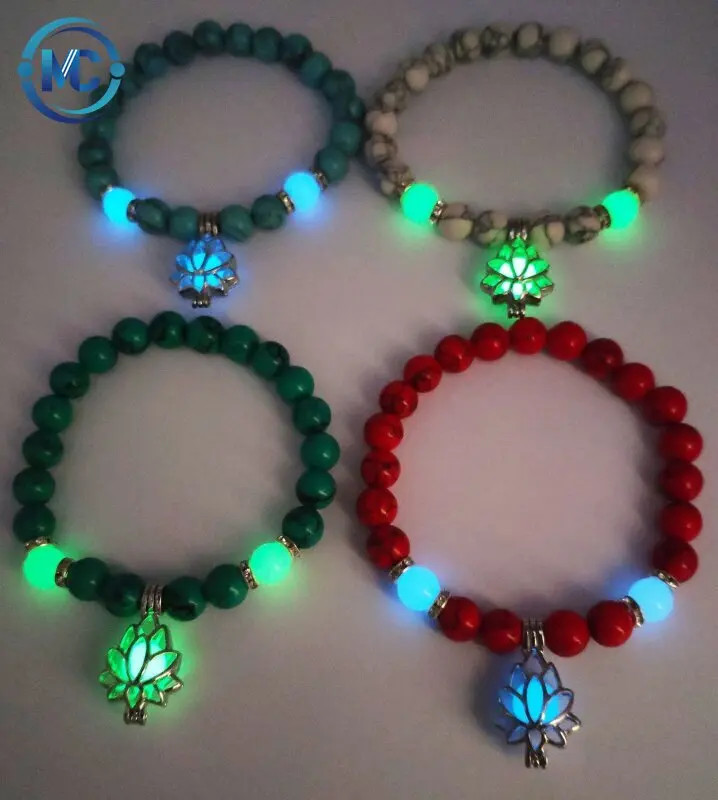 

8mm Natural Stones Luminous Glowing In The Dark Lotus Flower Shaped Charm Bracelet For Women Yoga Prayer Buddhism Bracelet, Gold color