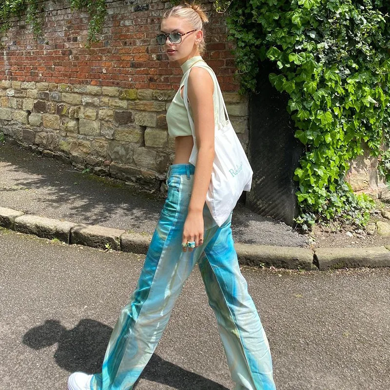 

Printed streetwear outfits new trend mid waist straight wide leg pants
