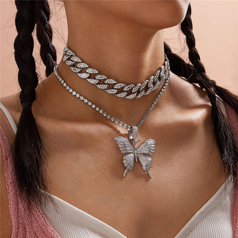 

2pcs Women Cuban Chain Layered Butterfly Choker Necklace Tennis Chain Jewelry Necklace, As the picture shown