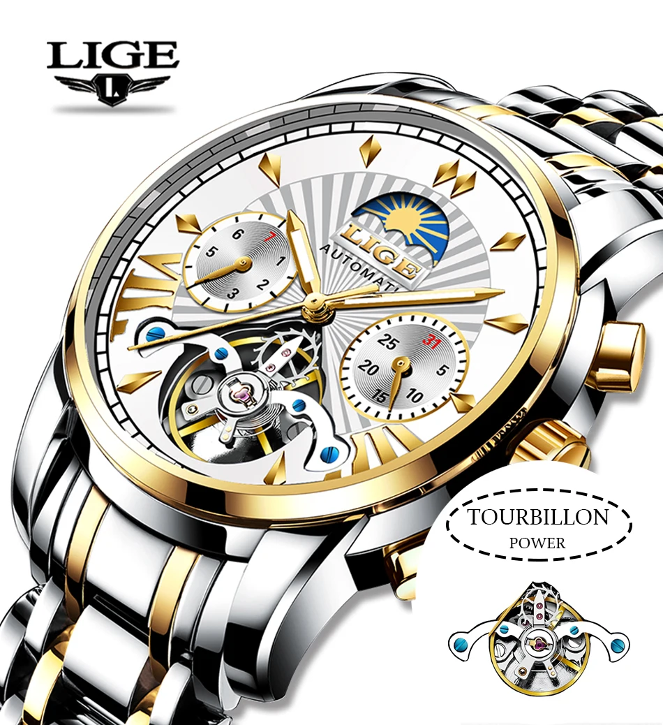 

Lige 9968 Mechanical Mens Watch Automatic Stainless Steel Tourbillon Luxury Brand High Quality Men Watches