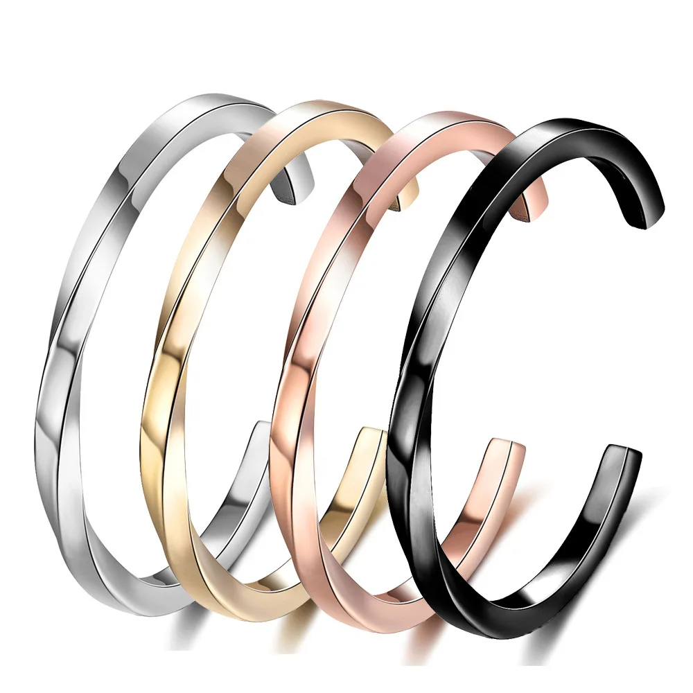 

2021 Newest Arrival 18k Gold Plating Titanium Steel Big C Shaped Open Bracelet Stainless Steel Twisted Bangle Bracelet