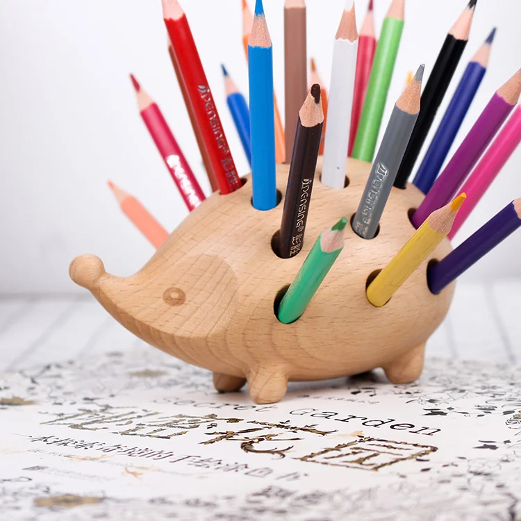 
Wooden animal Hedgehog 24 Hole Pen Inserted Stand Multi-Functional Desk Holder for Children Pencil Holder Fashion With 24 Colors 