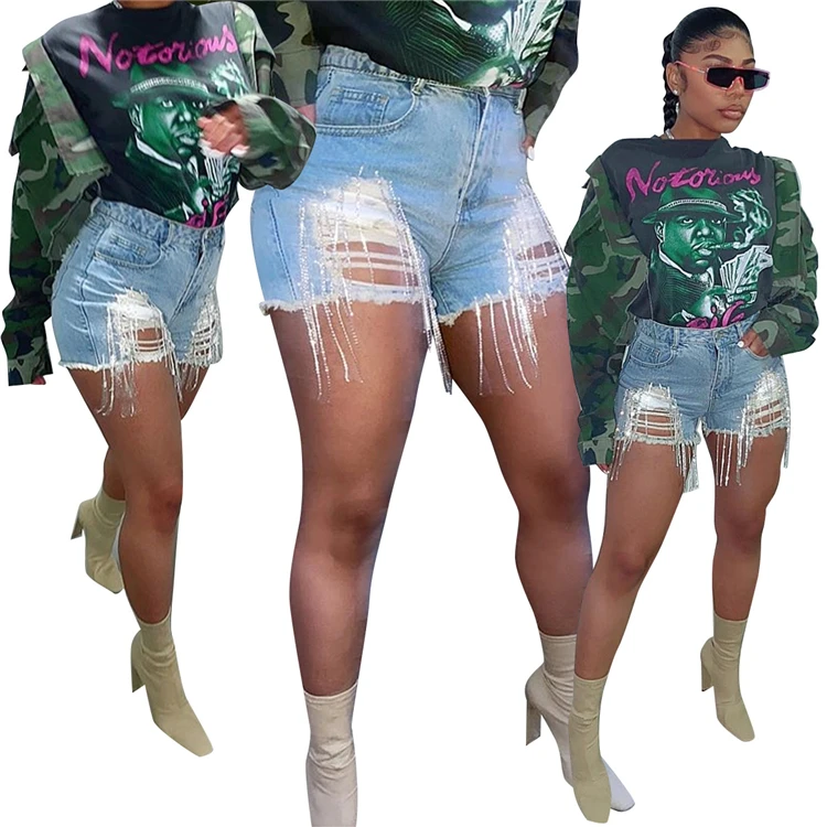 

D93879 Hole Jeans Plants Summer 2020 Womens Clothes Women Tassel Shorts Jeans
