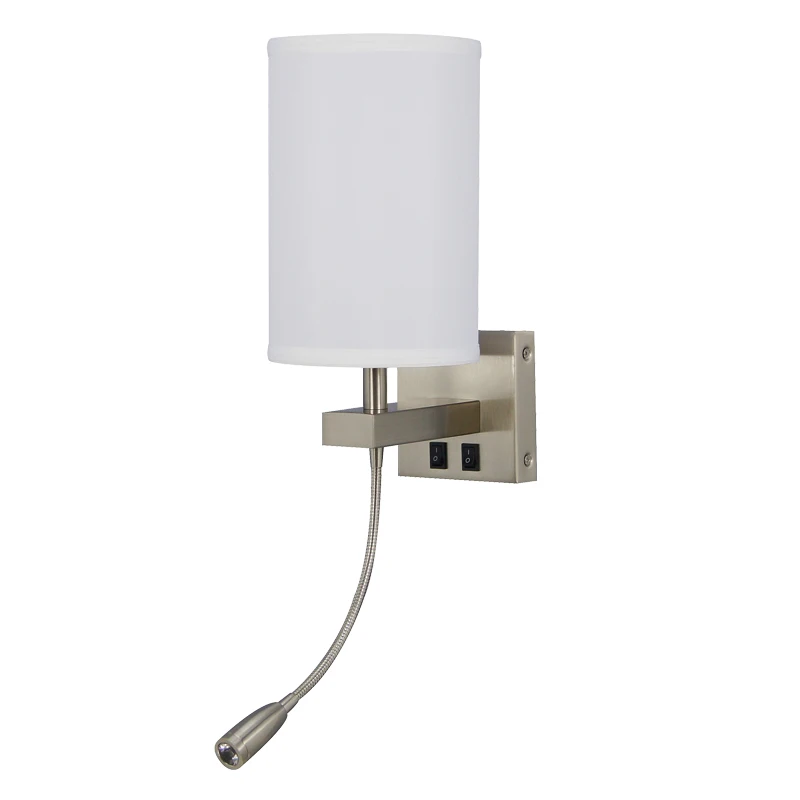 Modern Home Hotel Guestroom Brushed Nickel LED Wall Sconce Headboard Reading Wall Light with Fabric shade