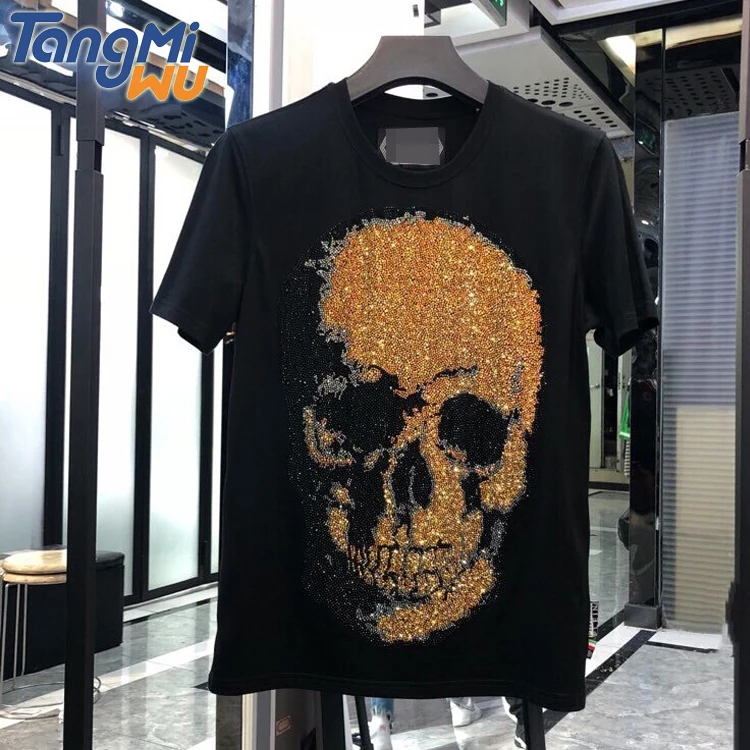 

High Quality Luxury Brand 3D Men's T-Shirts Mercerized Cotton 100% Rhinestones Skull Shirt