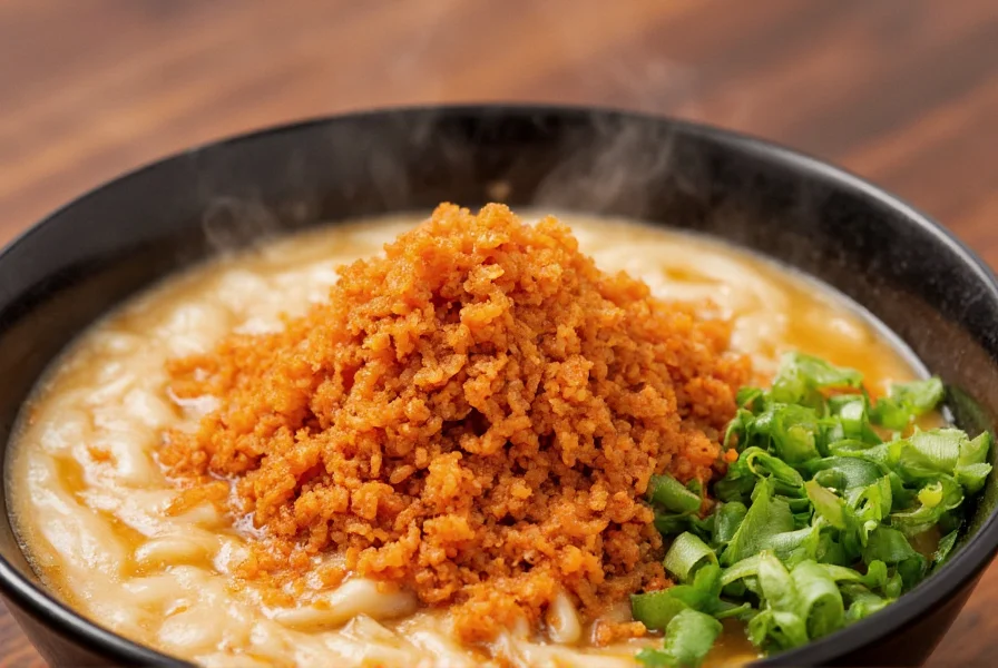 Close-up photograph of Trader Joe's Crunchy Chili Onion sprinkled over a bowl of steaming ramen with fresh herbs
