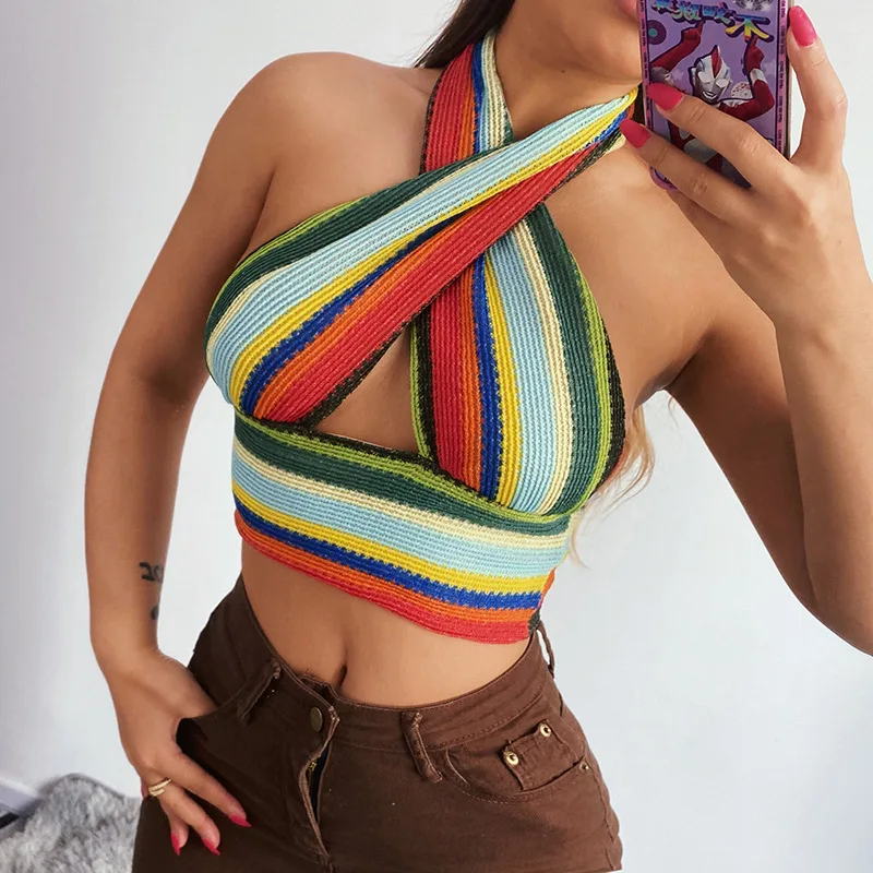 

C1080-summer 2021 sexy stripe printed knit cross vest halter neck camisoles backless crop top