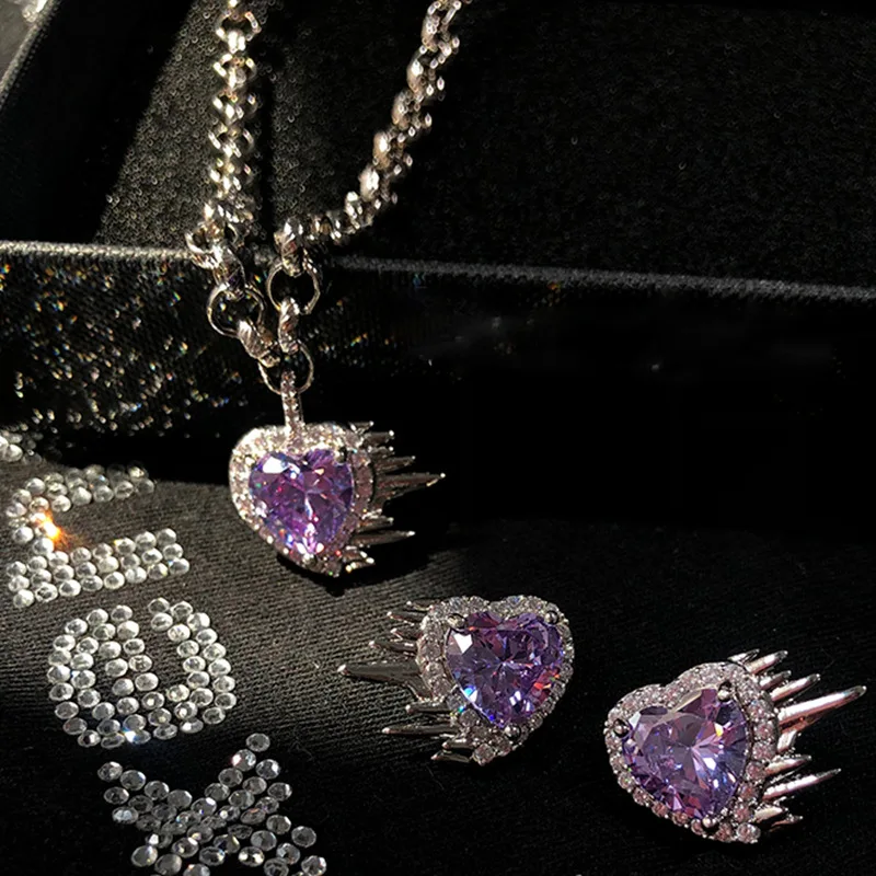 

Luxury sweet cool beautiful girl purple gems love temperament personality wild 925 silver needle earrings necklace set