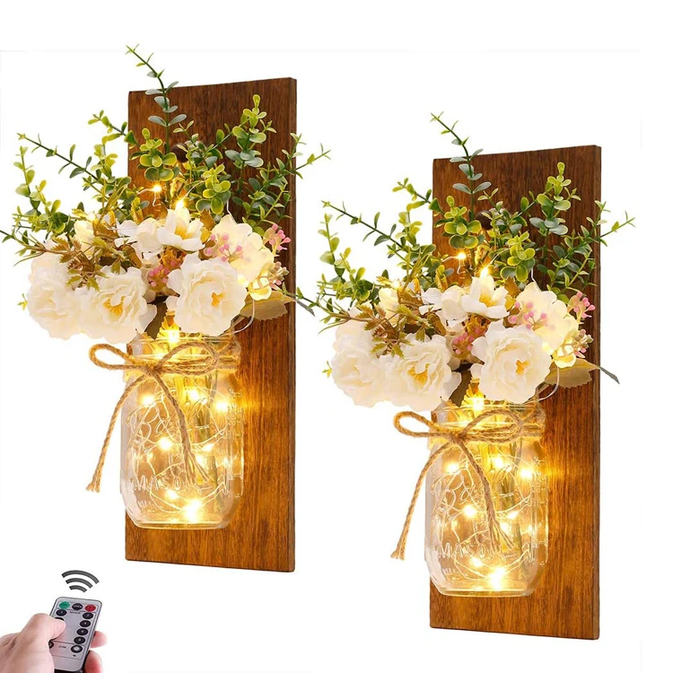 Handmade Rustic Wall Art Hanging Design Wall Sconces Mason Jar Sconces with Remote Control LED Light