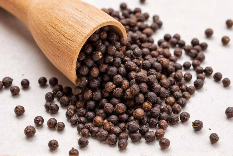 Wooden spice rack showing various pepper grinders and containers with black peppercorns