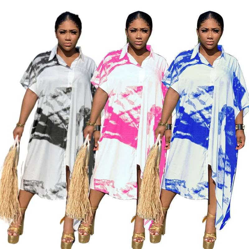 

H7701 - fashion casual loose short sleeve tie dye printed women dress