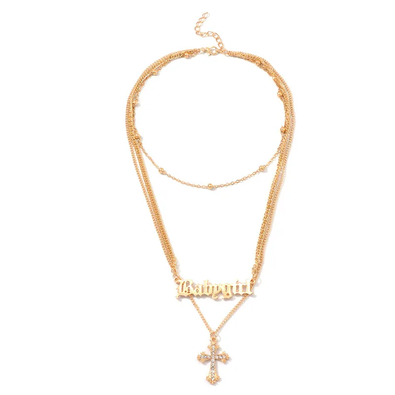 

2020 New Arrivals 18K Gold Plated Multilayer Chain Letter Babygirl Choker Necklace Crystal Cross Pendant Necklace