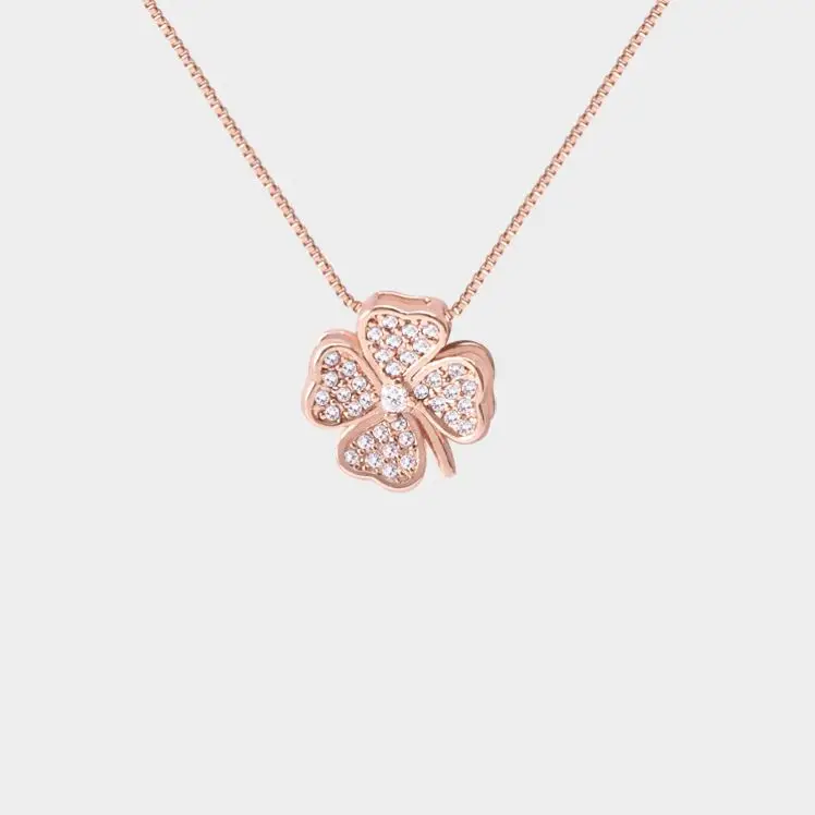 

YN10052 Italina Vintage Jewelry Wholesale 925 Silver Rose Gold Plated Brass Chain Clover Charm Clear CZ Necklace Women Jewelry