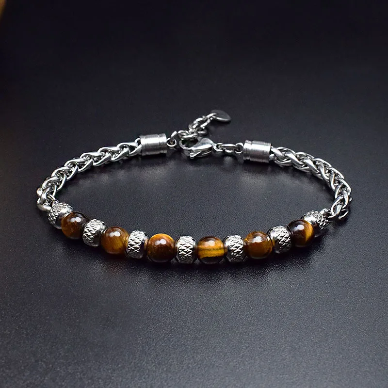 

Hot Selling Stainless Steel Tiger Eye Stone Bead Men Adjustable Bracelet