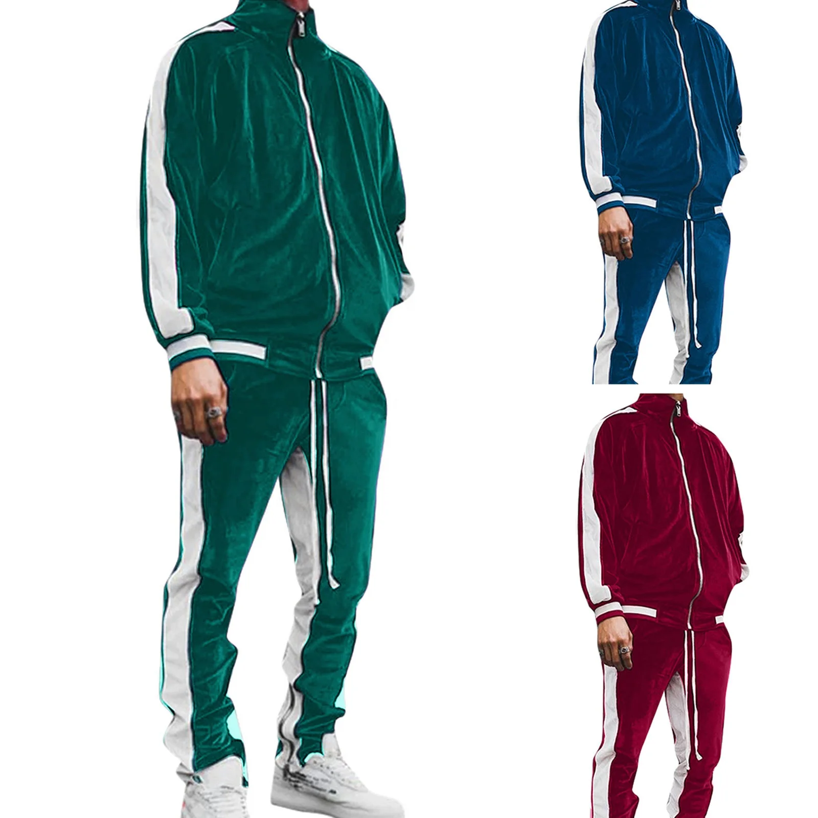 

Autumn Men Sports Velvet Suit Long Sleeve Zipped Mens Coat and Pants Suit