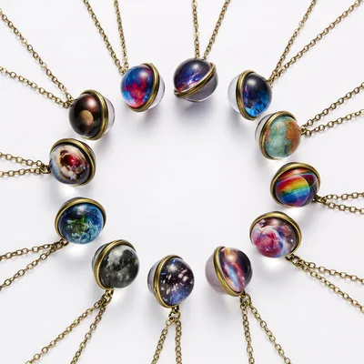 

Most popular new design women jewelry universe starry luminous vintage cute pendant ball charm chain necklace pendant