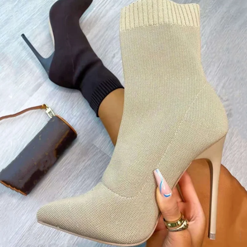 

PDEP large size 43 hot sale elegant fly knit thin-heel women thigh boots pointed toe high heels ankle knee high boots for ladies, Black,beige