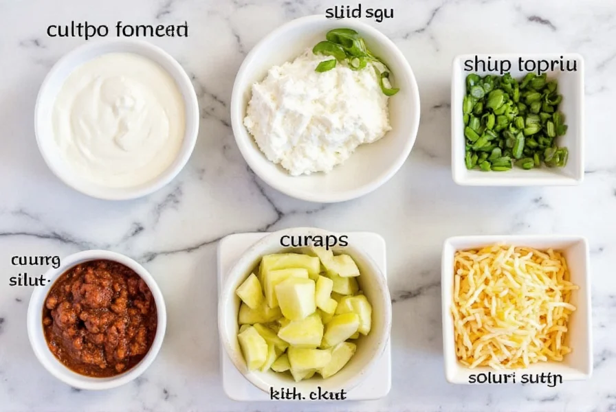 Serving suggestions for chili con carne with toppings like sour cream, cheese, and green onions