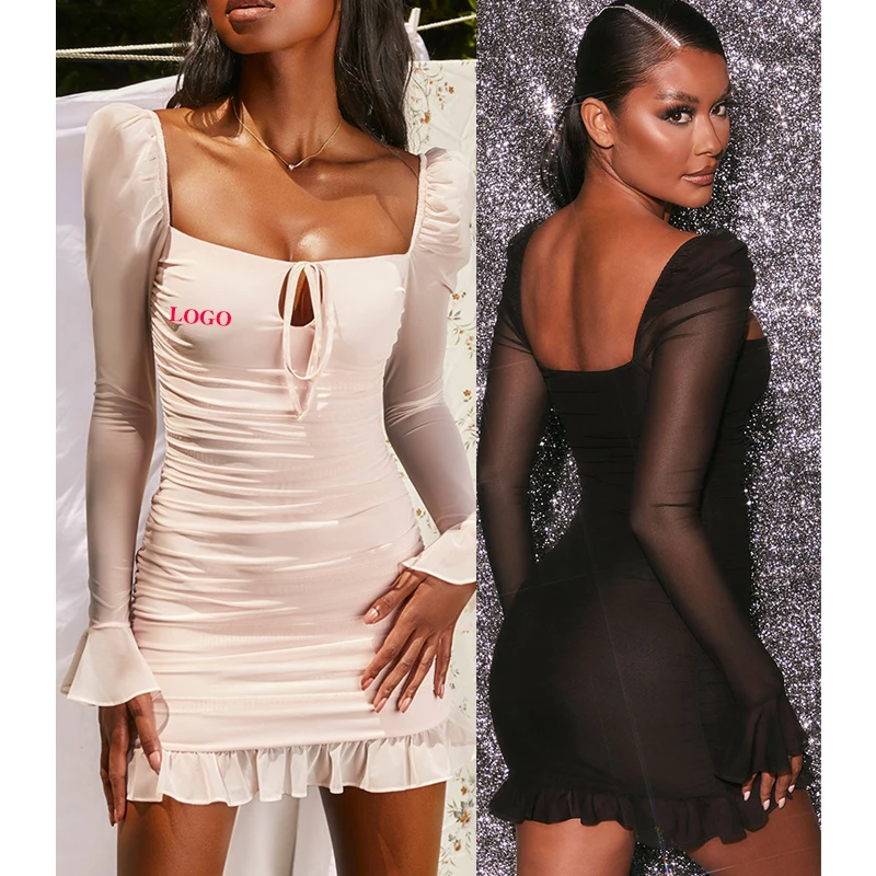 

Free shipping solid color mesh slim pleated short women lace-up dresses sexy & club knee-length lace dress casual ladies