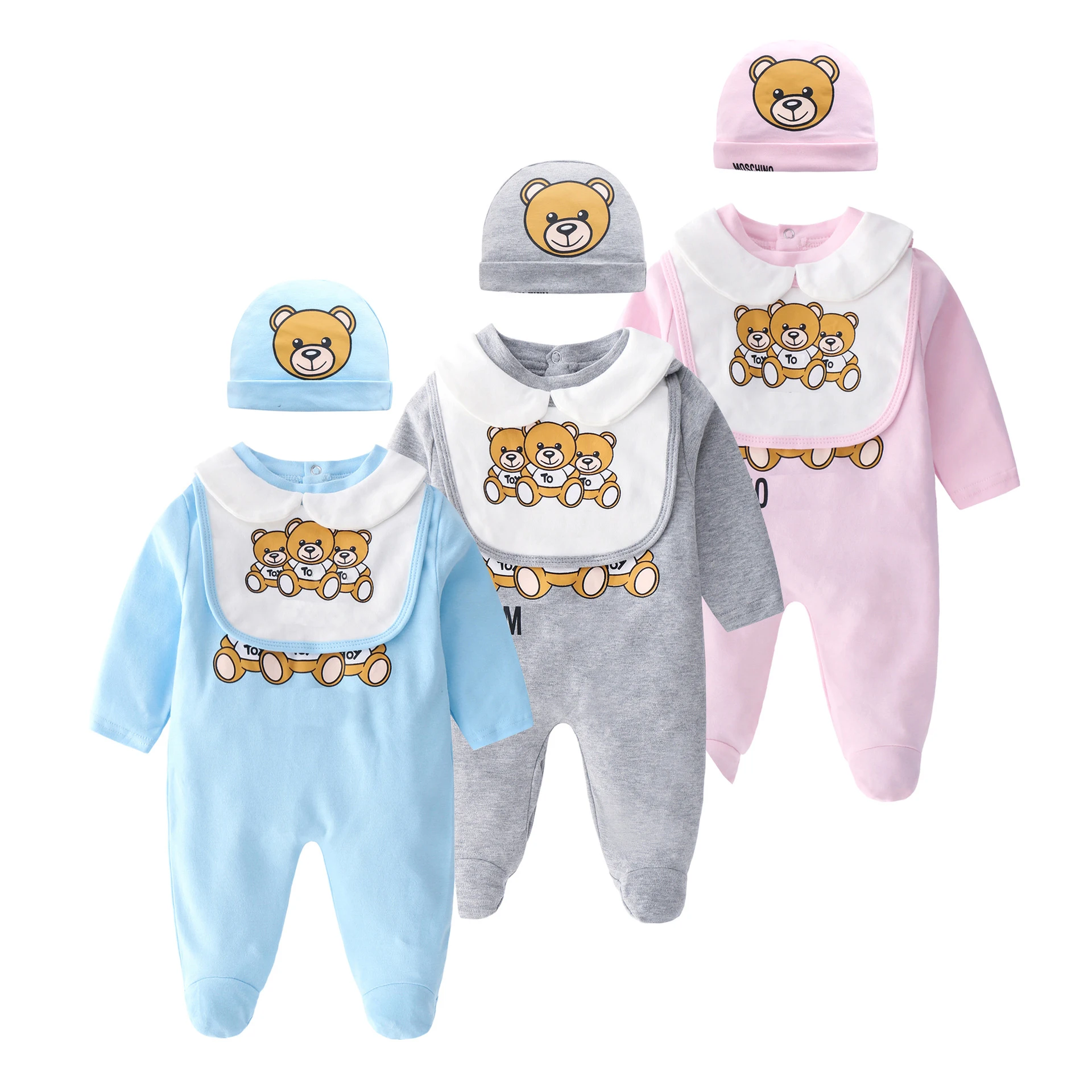 

Drop ship European and American style newborn print baby bear 3-piece suit baby long-sleeved romper