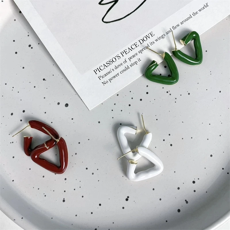 

Designer Party INS Multicolor Hollow Geometric Small Stud Christmas Ornaments Enamel Triangle Studs Earrings for Women, Picture shows