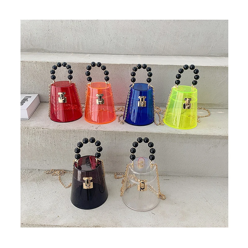

Women Bags 2021 new fluorescent color Black Beaded Handle messenger bucket bag Female transparent jelly bag pearl chain handbag