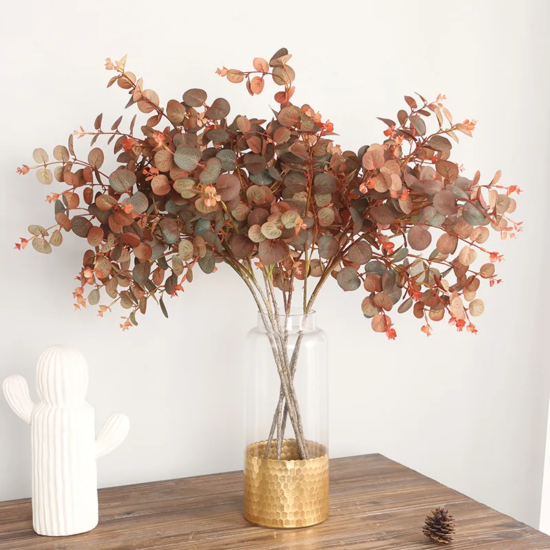 

Y-M019 High Quality Artificial Silk Eucalyptus Leaves Stems For Wedding Autumn Color Coffee Brown Dark Red Decoration