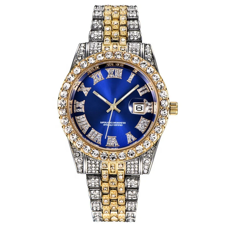 

Luxury Fashion Day Date Quartz Blue Face Hiphop Watches Bling Hip Hop Full Diamonds Mens Iced Out Watch