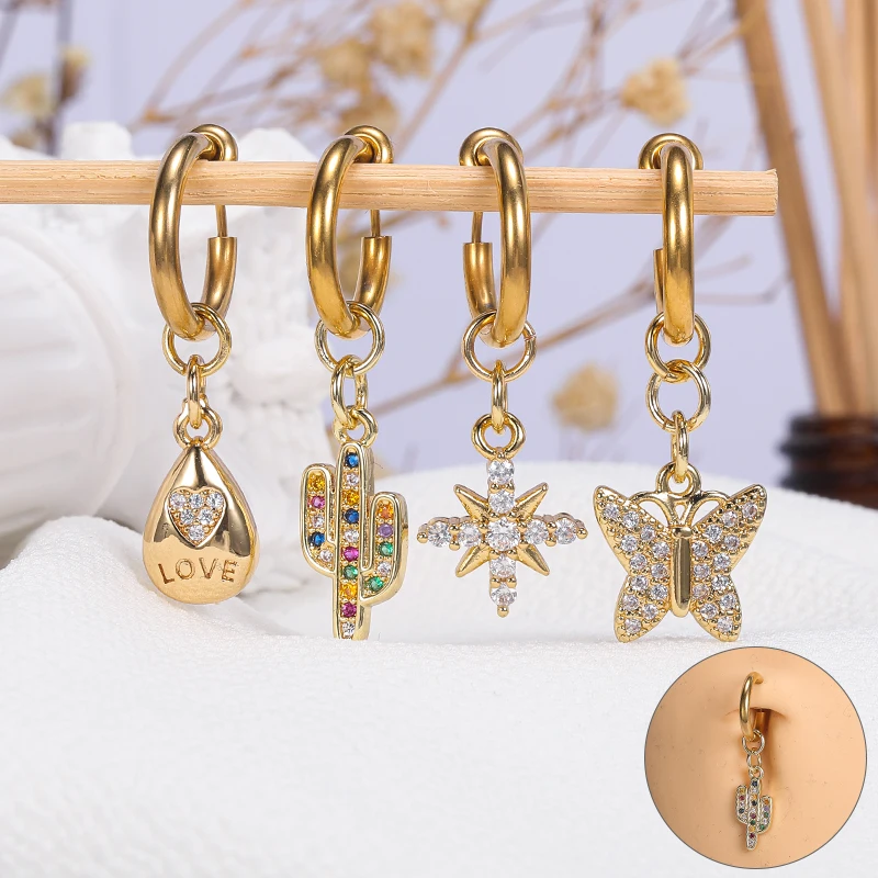

POENNIS non piercing belly ring clip on 12 tarnish free gold filled butterfly heart star dangling belly ring