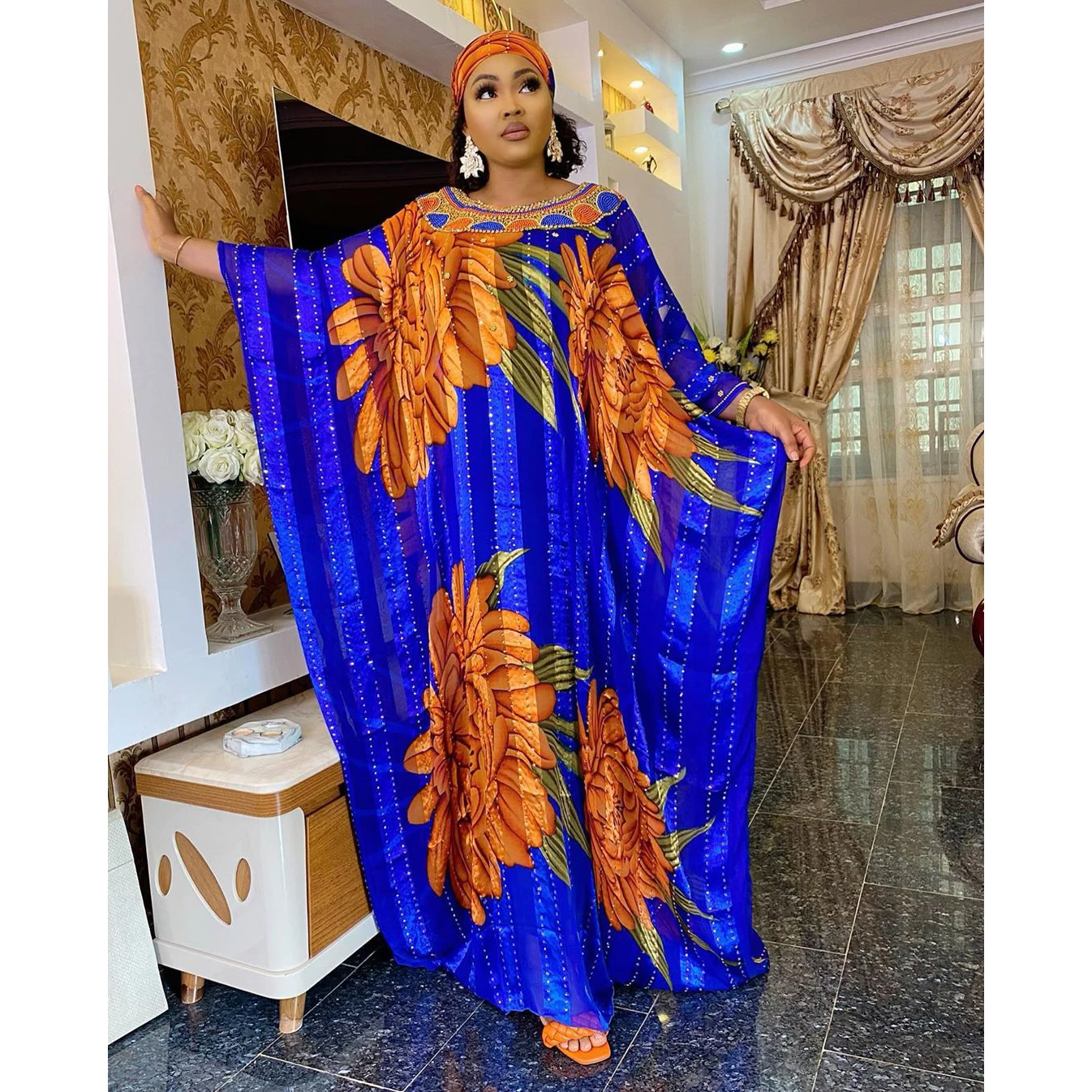 

FZ-09 Plus Size African Women'S Robes Two-Piece Fashion Quality Pearl Chiffon Hot Drilling Gown With Inner Skirt, Picture color