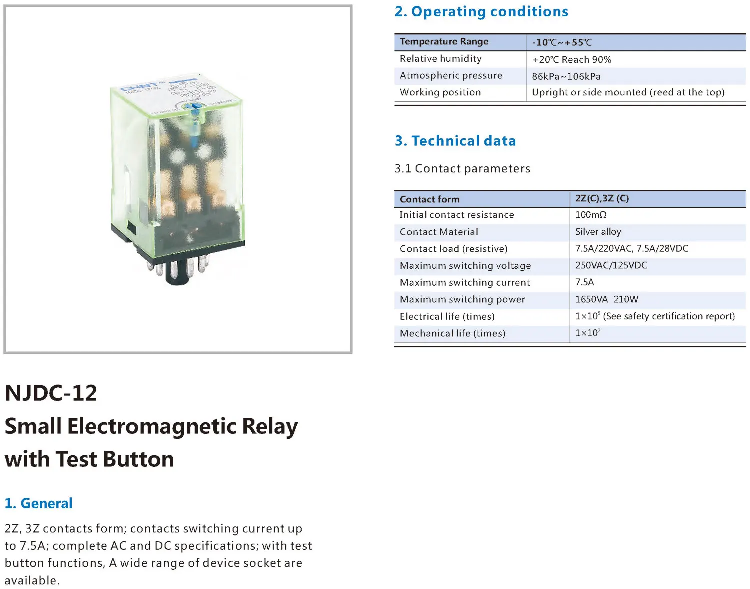 Chint original NJDC-12 NJDC-12/2Z NJDC-12/3Z 12V 24V 110V 220V 380V AC DC CHNT Small Electromagnetic Relay with Test Button