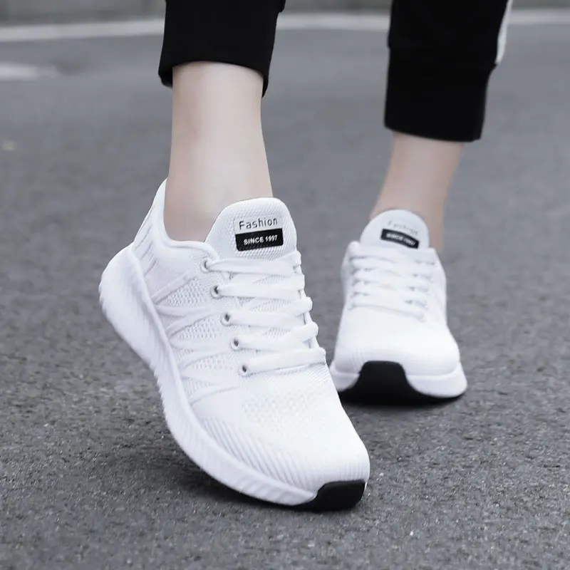 

Light breathable rubber sneakers white tennis sports running casual shoes woman, Black/grey/orange