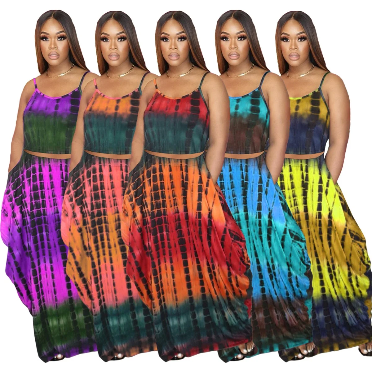 

MT91-6170 2021 Fashion Women Casual Spaghetti Shoulder Girdle Sleeveless Vest Long Skirt 2 Pieces Set Tie Dye Dress
