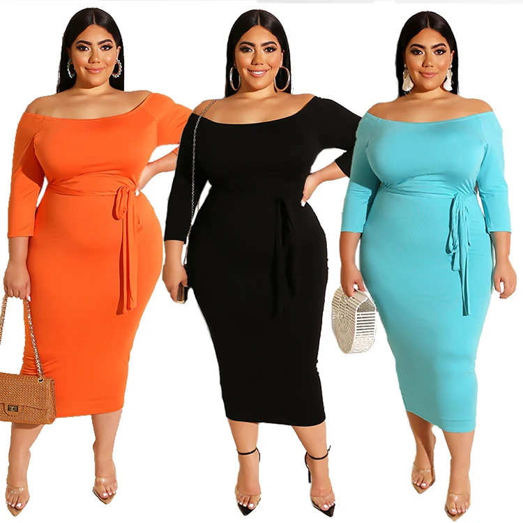 

2021 fashionable plus size women clothing solid colour summer one word collar women clothing dress, Customized color