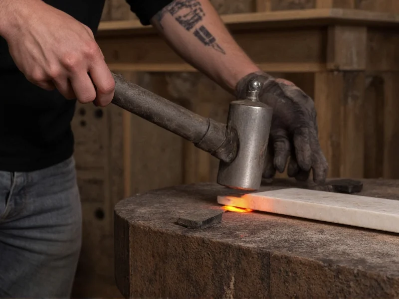 Hammering heated steel to form stone cutter bevel on workbench