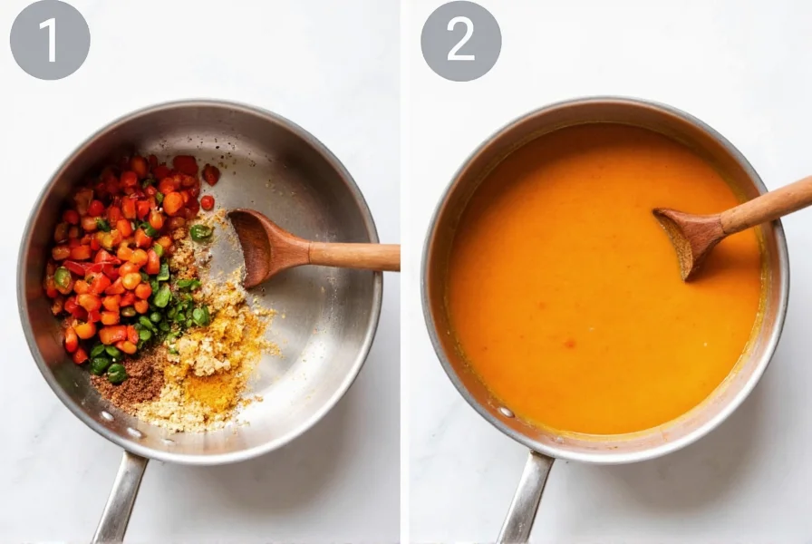 Step-by-step creamy pepper sauce preparation showing ingredients in stainless steel pan with wooden spoon