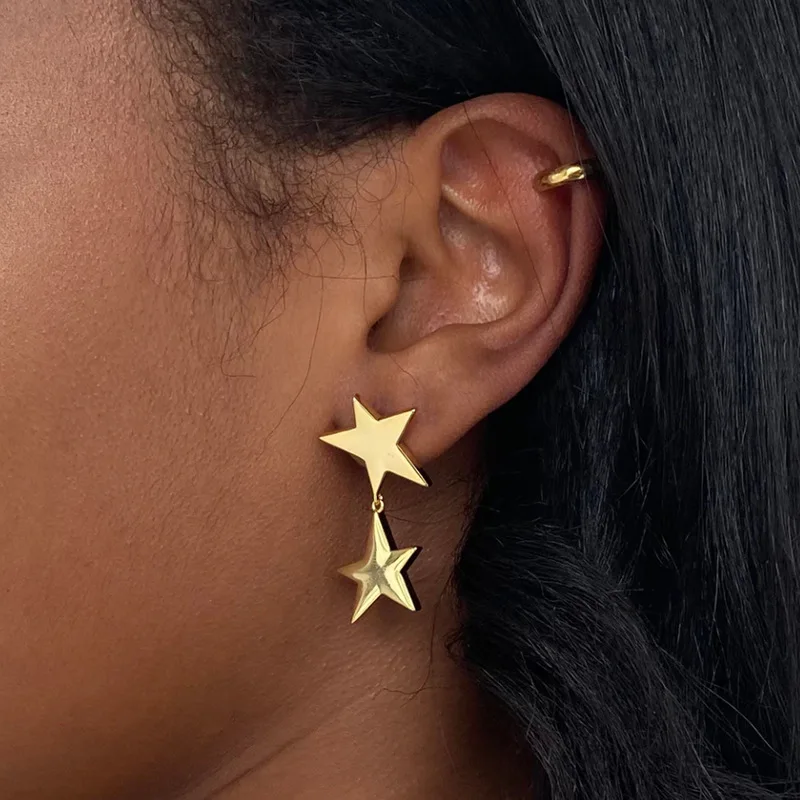 

New Trendy 18K Gold Plated Shiny Double Pentastar Dangle Earrings for Women Stainless Steel Jewelry Wholesale